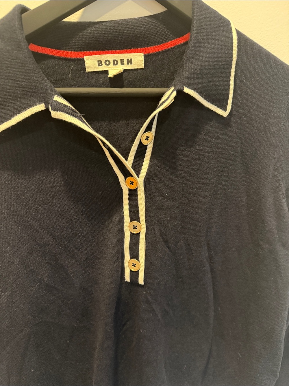 Boden Navy Crewneck Polo Sweater with White Trim and Red Neckline Accent - Picture 3 of 5